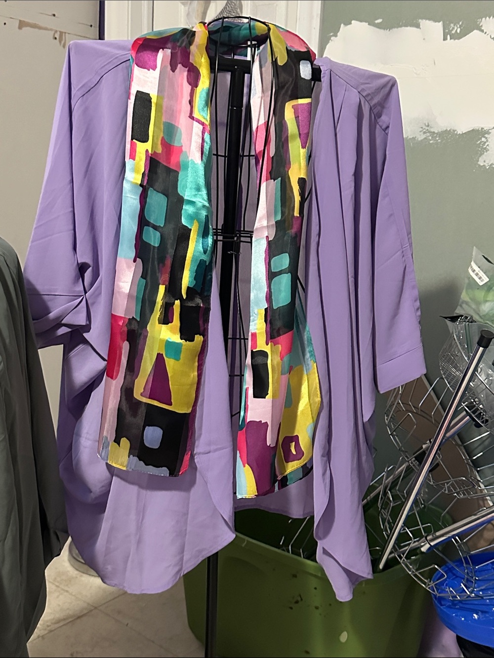 Lilac Draped Open Jacket with Colorful Abstract Scarf
